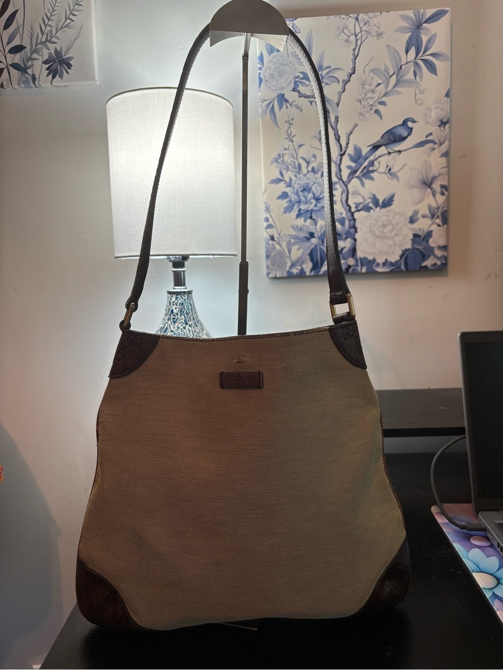 Authentic Gucci Vintage Beige Canvas Colbert Hobo Bag Brown Leather- Read Desc
